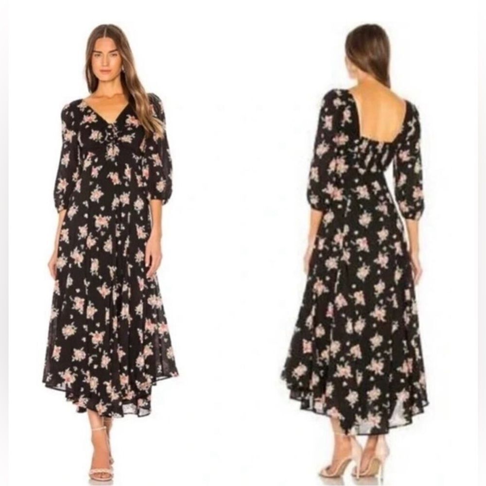 Free People Sea Glass Floral Boho Hippie Midi Dress Black Size 12